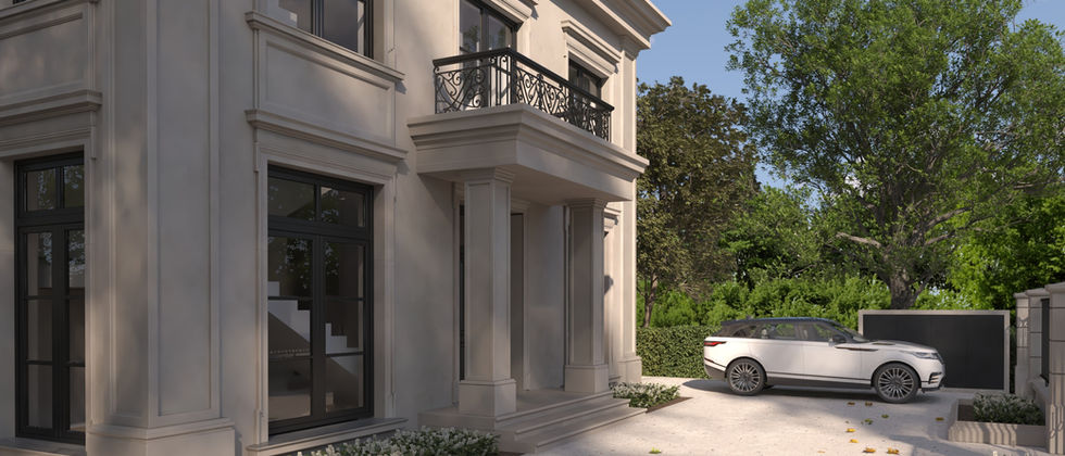 Luxus Haus Orc : Seitlicher Blick auf den Hauseingang mit Säulen, hohem Fenster und gepflastertem Vorplatz.