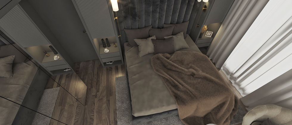 Haus In Lichtenrade: Vogelperspektive auf Bett, Schrankwand, Teppich und Sitzplatz im dunkel gestalteten Schlafzimmer.