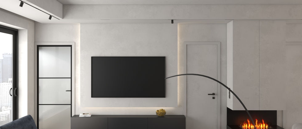 Penthouse Berlin Mitte: Wohnraumvisualisierung mit Fernseher, langem Lowboard, zwei Türen und seitlichem Kamin.