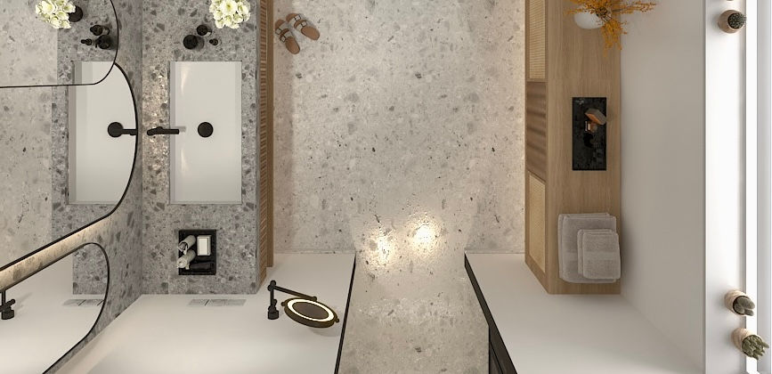 Haus In Wittenau: Erhöhte Visualisierung des Badezimmers mit grauer Steinoptik, langem Waschtisch, Holzschrank und gläserner Abtrennung.
