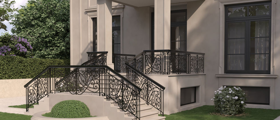 Luxus Haus Orc : Eingangsvorbau mit Säulen, doppelläufiger Treppe und dekorativem Metallgeländer.