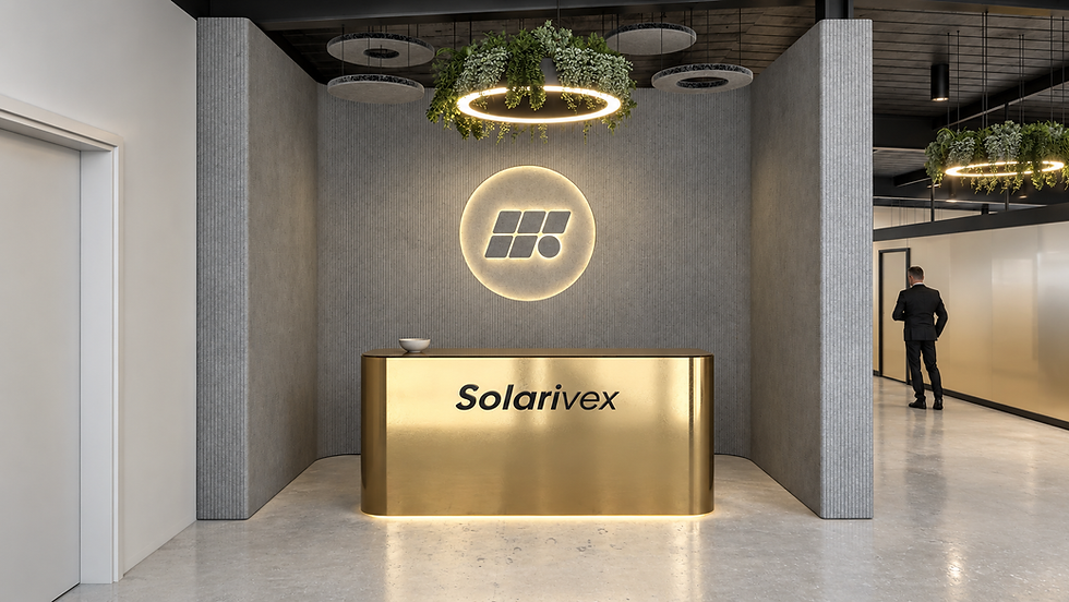 3D visualization: Reception design for a company office: gold-colored reception desk in front of a grey wall with illuminated sign.