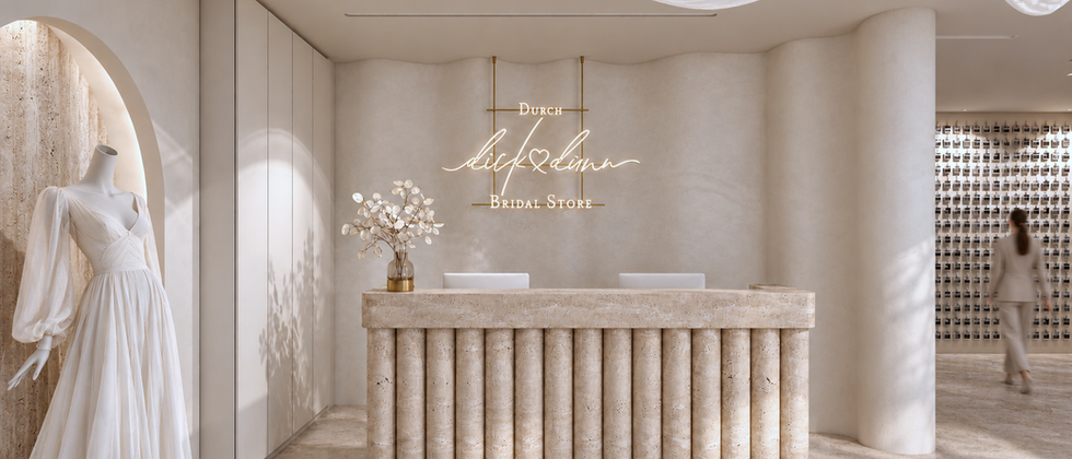 Empfangsdesign für den Bridal Store Durch Dick & Dünn in Ludwigsfelde: geriffelter Empfangstresen und textile Deckengestaltung. Innenarchitektur von ED Interior Design.