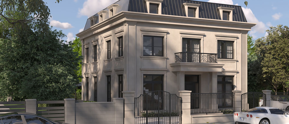 Luxus Haus Orc : Schrägansicht des Hauses mit gegliederter Fassade, Balkonen, Einfriedung und Straßenraum.