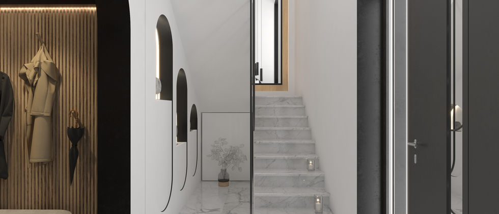 Haus In Wittenau: Blick vom Eingang zur hellen Treppe mit beleuchteten Wandnischen, Glasabtrennung und dunkler Garderobennische.