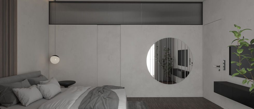 Penthouse Berlin Mitte: Seitliche Schlafzimmeransicht mit flächenbündiger Schrankwand, Oberlichtern und rundem Spiegel.
