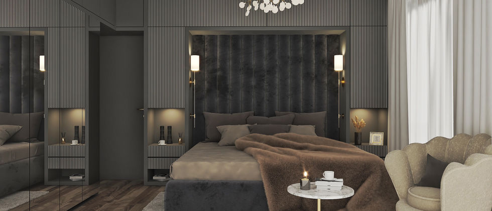 Haus In Lichtenrade: Schlafzimmerrendering mit gepolstertem Bett, dunkler Paneelwand, hellem Sessel und dekorativer Deckenleuchte.