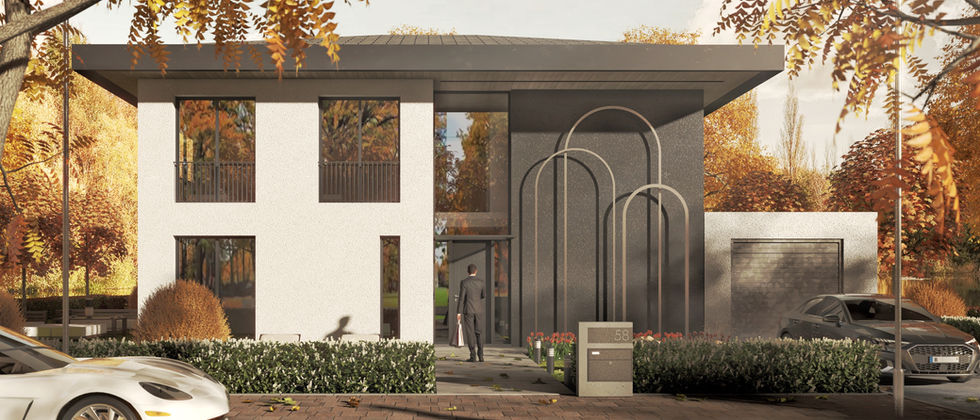 Haus In Wittenau: Außenvisualisierung eines zweigeschossigen Hauses mit heller Putzfassade, dunkler Steinwand, großen Fenstern und Garage.