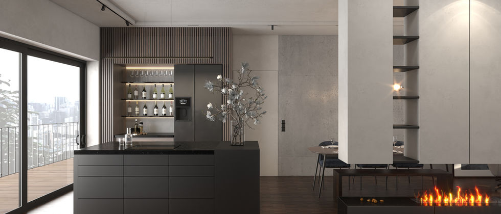 Penthouse Berlin Mitte: Offene Küche mit dunkler Insel, beleuchtetem Barregal und Kamin als Raumteiler.