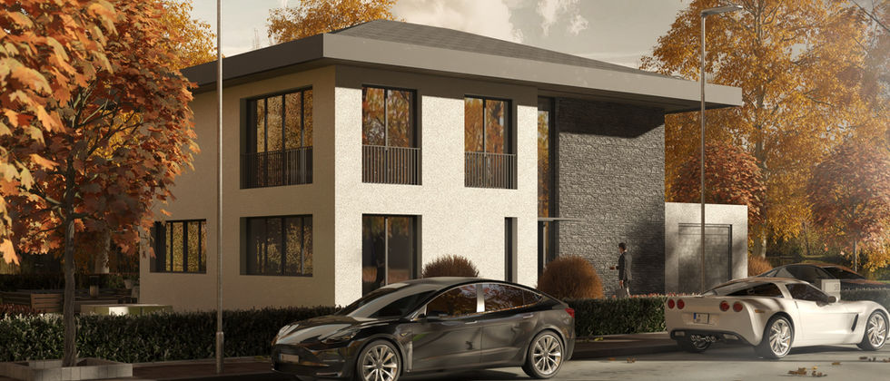 Haus In Wittenau: Seitliche Außenvisualisierung des Hauses mit breitem Dachüberstand, hohen Fenstern und herbstlichen Bäumen.