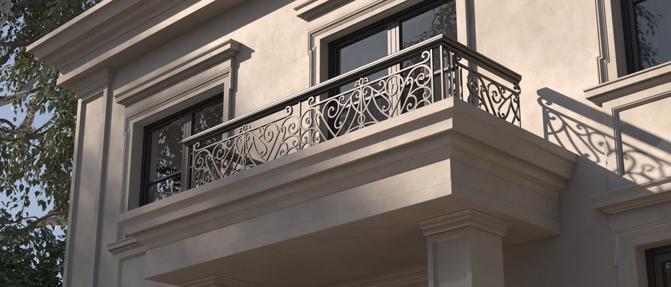 Luxus Haus Orc : Detail des Balkons mit ornamentalem Metallgeländer und gegliederter heller Fassade.