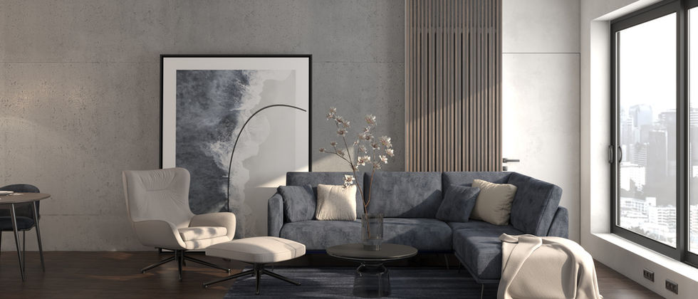Penthouse Berlin Mitte: Alternative Visualisierung der Sofaecke mit abstraktem Wandbild und dunklem Holzboden.