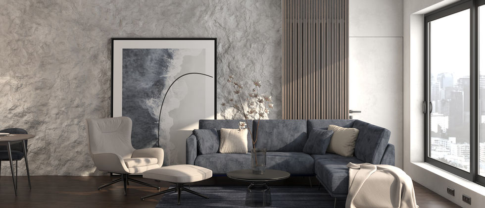 Penthouse Berlin Mitte: Rendering des Wohnbereichs mit grauem Sofa, hellem Loungesessel, Teppich und großer Fensterfront.