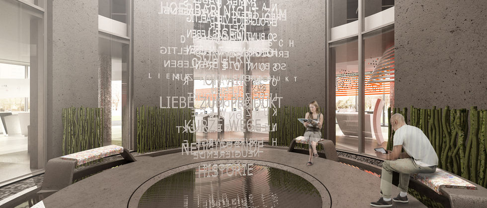 Funke Medien Gruppe- Kiosk: Entwurf eines kreisförmigen Innenraums mit abgesenktem Zentrum, umlaufenden Sitzbänken und einer hängenden Textinstallation.