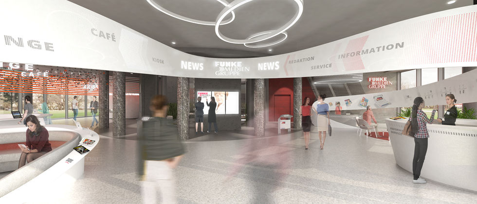 Funke Medien Gruppe- Kiosk: Rendering des offenen Foyers mit Informationsring, weißen Theken, Loungeplätzen und ineinandergreifenden Deckenleuchten.