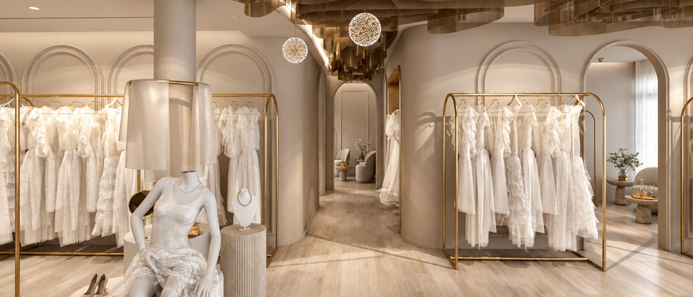 Ladenflächen-Design im Bridal Store: Brautkleid-Präsentation, gerundete Spiegel und beleuchtete Kleiderständer unter goldfarbener Decke.