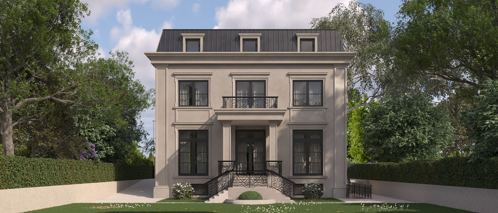 Luxus Haus Orc : Frontalansicht des Hauses mit Eingangstreppe, Balkon und begrüntem Vorgarten.
