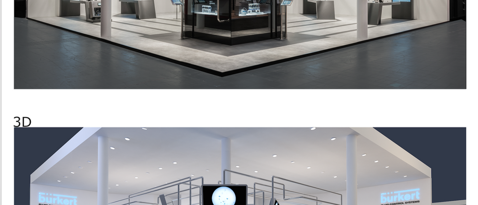 Bürkert Messestand : Foto und Rendering der Standfront mit zentralem schwarzem Kubus, Rohrstruktur und technischen Präsentationsstationen.