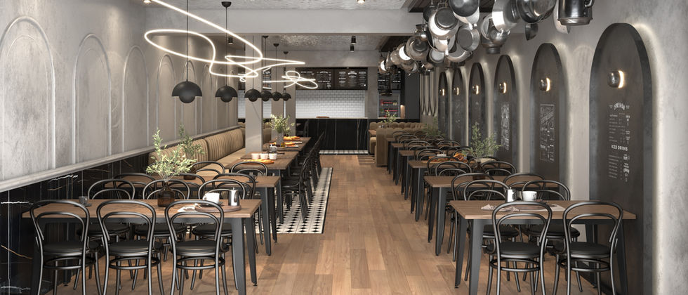 Mustache Restaurant : Rendering des Restaurants mit zentralem Gang, gegenüberliegenden Tischreihen und Kochgeschirr an der Decke.