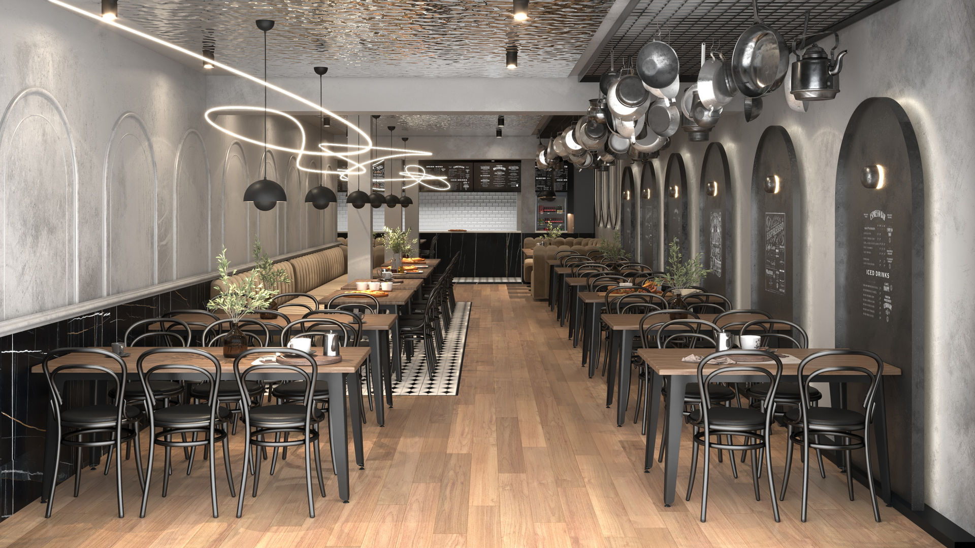 Restaurant in Berlin, interior design, loft style. Interior designer, interior architecture.