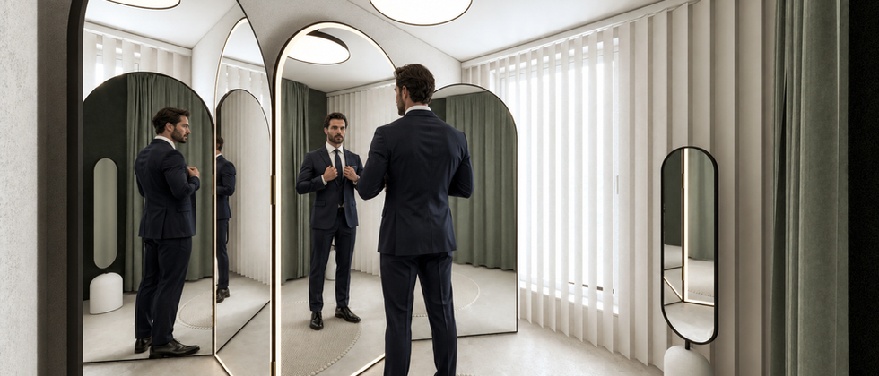 Anprobendesign für Herrenmode: Mann im Anzug vor hohen Spiegeln, mit gerundeten Wandflächen und Sitzbank.