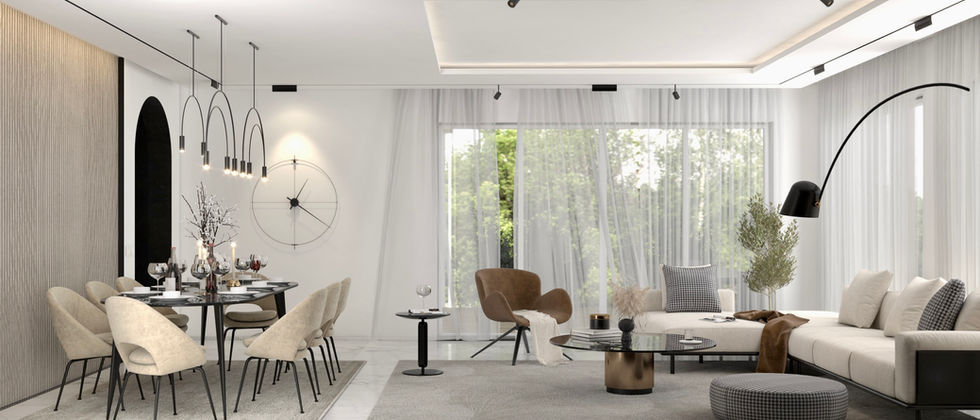 Haus In Wittenau: Visualisierung des offenen Wohn- und Essraums mit Bogenleuchten, Holzlamellenwand und heller Sofalandschaft.