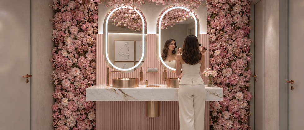 Damenbad-Design im Bridal Store: Doppelwaschtisch, gerundete beleuchtete Spiegel und rosafarbene Blütenwand.