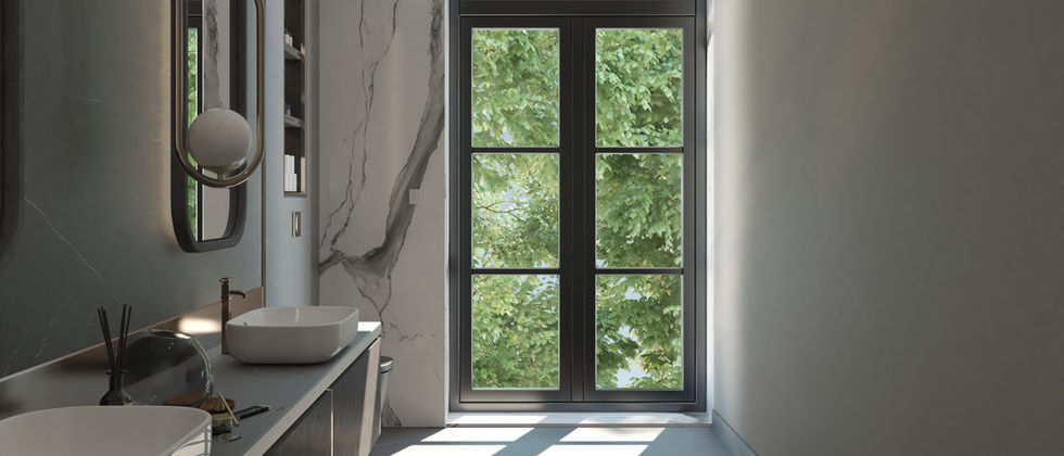 Luxus Haus Orc : Langer Waschbereich mit zwei Becken und Spiegeln vor einem hohen Fenster mit Gartenblick.