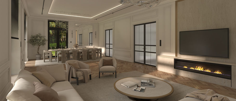 Luxus Haus Orc : Rendering des offenen Wohnraums mit Sofa, Essplatz, TV-Wand und langem Kamin.