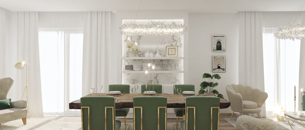 Haus In Lichtenrade: Frontalansicht des Holzesstischs mit grünen Stühlen, goldenen Gestellen und hellem Wandregal.