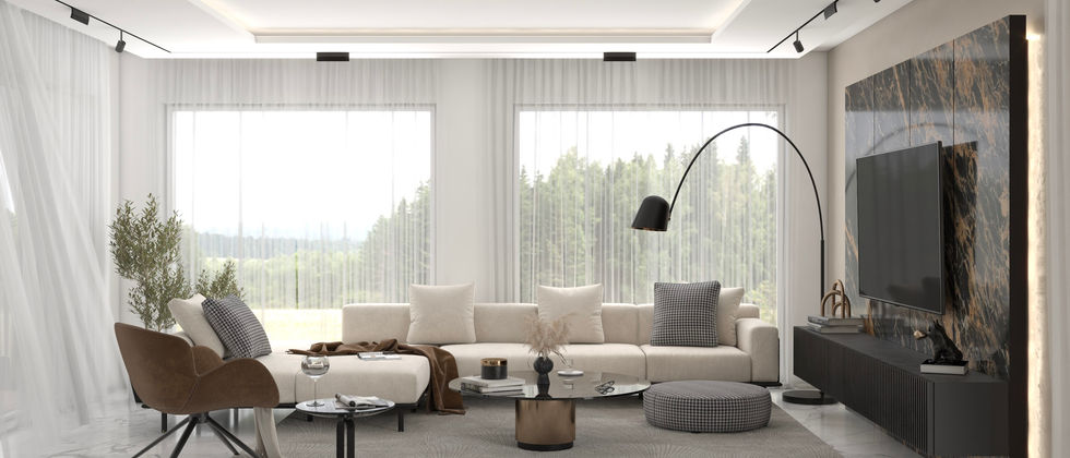 Haus In Wittenau: Helle Sitzgruppe mit weißem Sofa und braunem Sessel vor bodentiefen Vorhängen und einer dunklen TV-Wand.