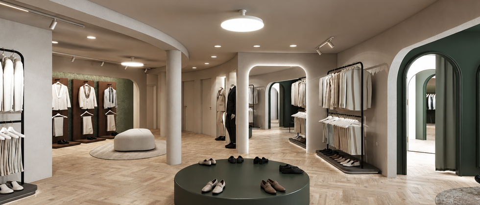 Ladenbau für Herrenmode: Anzüge und Hemden an Kleiderständern, grüne Präsentationsflächen und runder Sitzbereich.
