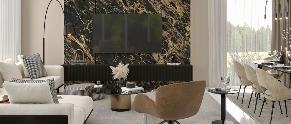 Haus In Wittenau: Visualisierung der weißen Sofagruppe mit braunem Sessel, dunklen Couchtischen und marmorierter Medienwand.