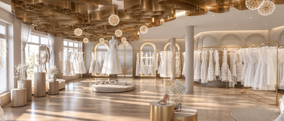 Showroom-Design im Überblick: offene Brautmoden-Verkaufsfläche mit runden Podesten, goldfarbenen Kleiderständern und Tageslicht.