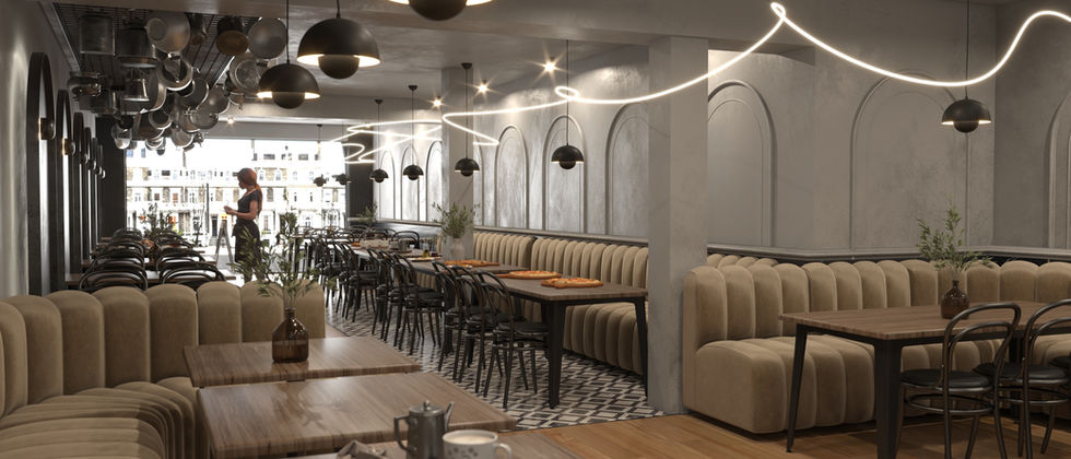 Mustache Restaurant : Rendering des langen Gastraums mit beigen Sitzbänken, Holztischen und frei geformter Deckenbeleuchtung.