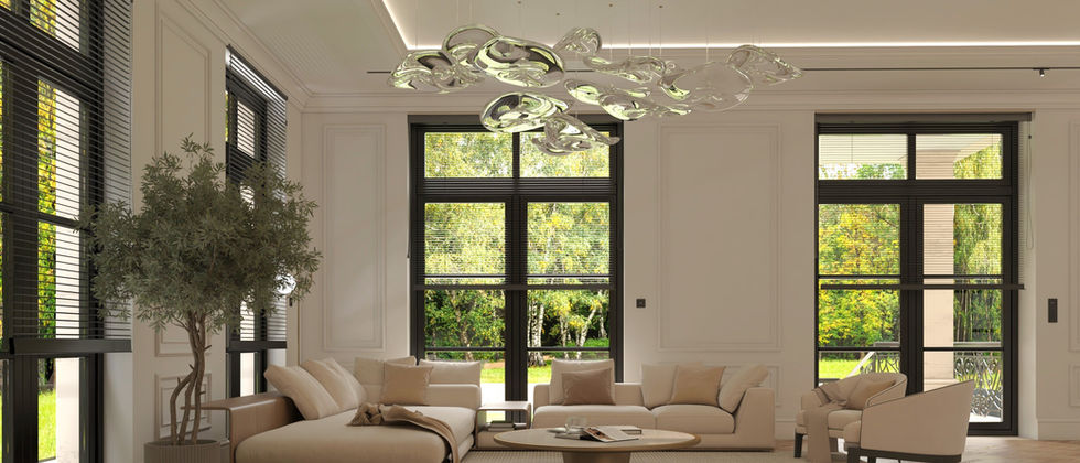 Luxus Haus Orc : Wohnraum mit hellen Sofas, runden Couchtischen und skulpturaler Deckenleuchte.