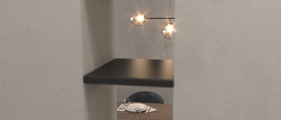 Penthouse Berlin Mitte: Blick durch den Raumteiler auf den gedeckten Esstisch und zwei Pendelleuchten.