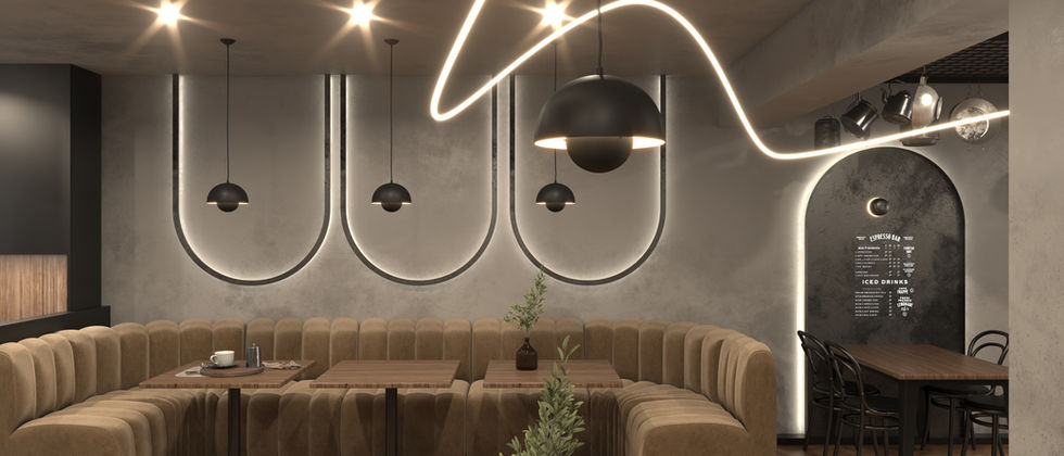 Mustache Restaurant : Rendering einer gepolsterten Eckbank mit Holztischen, schwarzen Pendelleuchten und leuchtenden Wandschleifen.