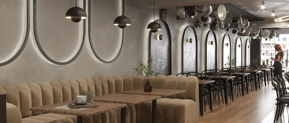 Mustache Restaurant : Rendering des Restaurants mit gepolsterten Sitzgruppen, dunklen Tischen und dekorativer Deckeninstallation.