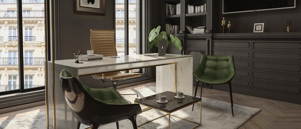 Luxus Büro- Berlin: Bürovisualisierung mit zwei grünen Sesseln, schwarzem Couchtisch und weißem Schreibtisch vor den hohen Fenstern.