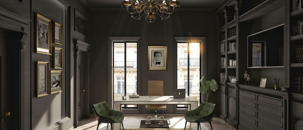 Luxus Büro- Berlin: Bürovisualisierung mit dunklen Bücherregalen, weißem Schreibtisch, grünen Besucherstühlen und goldenem Kronleuchter.