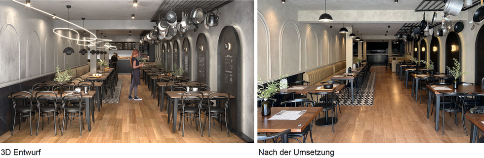 Restaurantdesign – Mustache Restaurant: Gegenüberstellung von 3D-Entwurf und ausgeführtem Restaurant mit Sitzbänken, Holztischen und Deckendekoration. | EN: Mustache Restaurant: comparison of the 3D design and built interior with banquettes, timber tables and ceiling decoration.