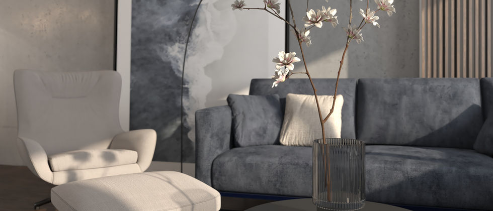 Penthouse Berlin Mitte: Nahansicht von grauem Sofa, hellem Sessel, Couchtisch und dekorativem Blütenzweig.