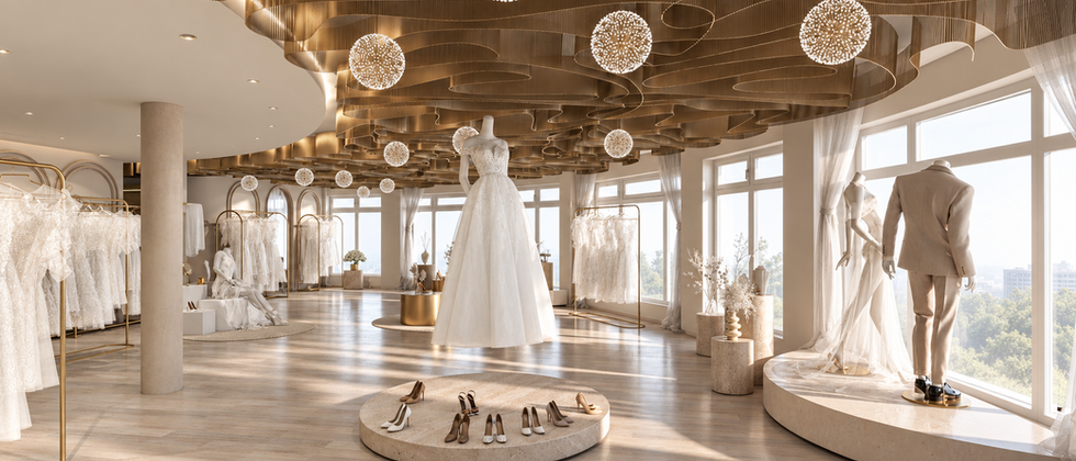 Ladenflächen-Design für Brautmode: runde Präsentationspodeste, Kleiderständer und große Fenster unter einer goldfarbenen Decke.