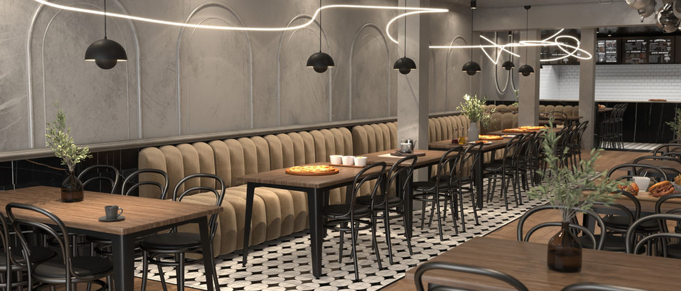 Mustache Restaurant : Restaurantvisualisierung mit langer Polsterbank, Holztischen und einer geschwungenen Lichtlinie an der Decke.