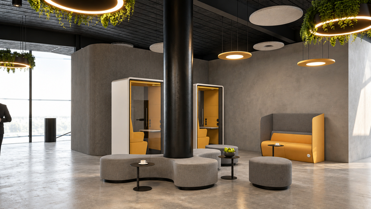 3D-Visualisierung: Arbeitswelten für Unternehmen: graue runde Lounge-Inseln, gelbe Sitzbank und separate Rückzugskabinen. | EN: 3D workplace concept: circular grey lounge islands, a yellow bench and separate retreat booths.