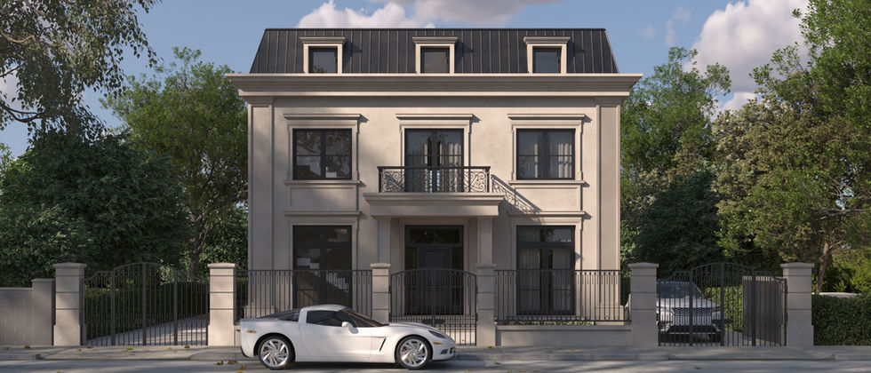 Luxus Haus Orc : Architekturvisualisierung der symmetrischen Villa mit heller Fassade, dunklem Mansarddach und Eingangsbalkon.