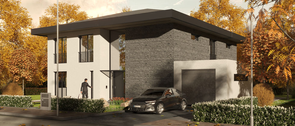 Haus In Wittenau: Perspektive der hellen und dunkel verkleideten Fassade mit Haustür, Garage und bepflanztem Vorgarten.
