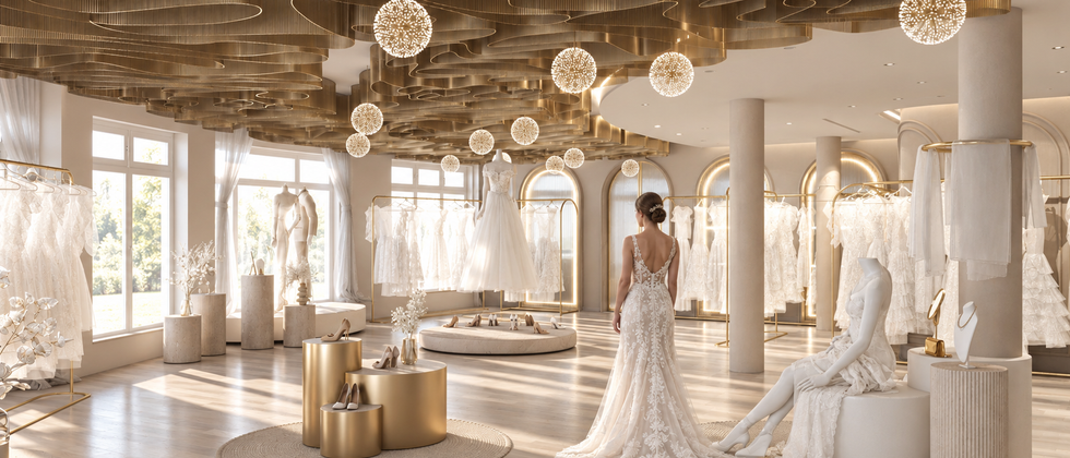 Showroom-Design für Brautmode in Ludwigsfelde: Braut zwischen runden Podesten und goldfarbenen Kleiderständern.