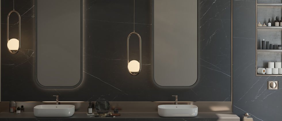 Luxus Haus Orc : Badvisualisierung mit zwei Aufsatzbecken, dunkler Marmoroptik und zwei länglichen Spiegeln.